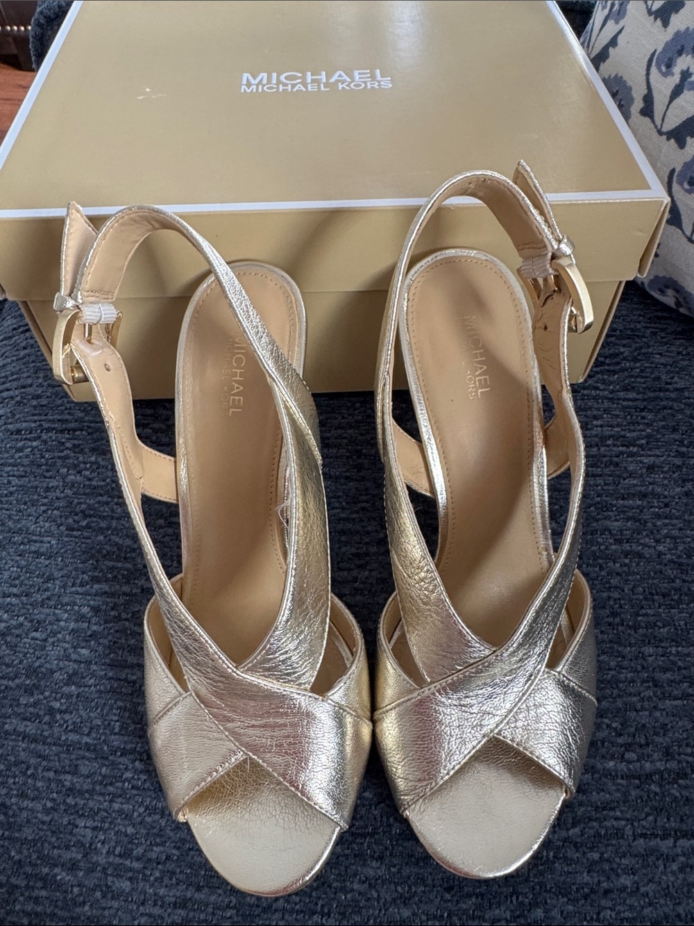 Michael Kors Metallic Gold Crisscross Peep-Toe Slingback Heels - Picture 4 of 8